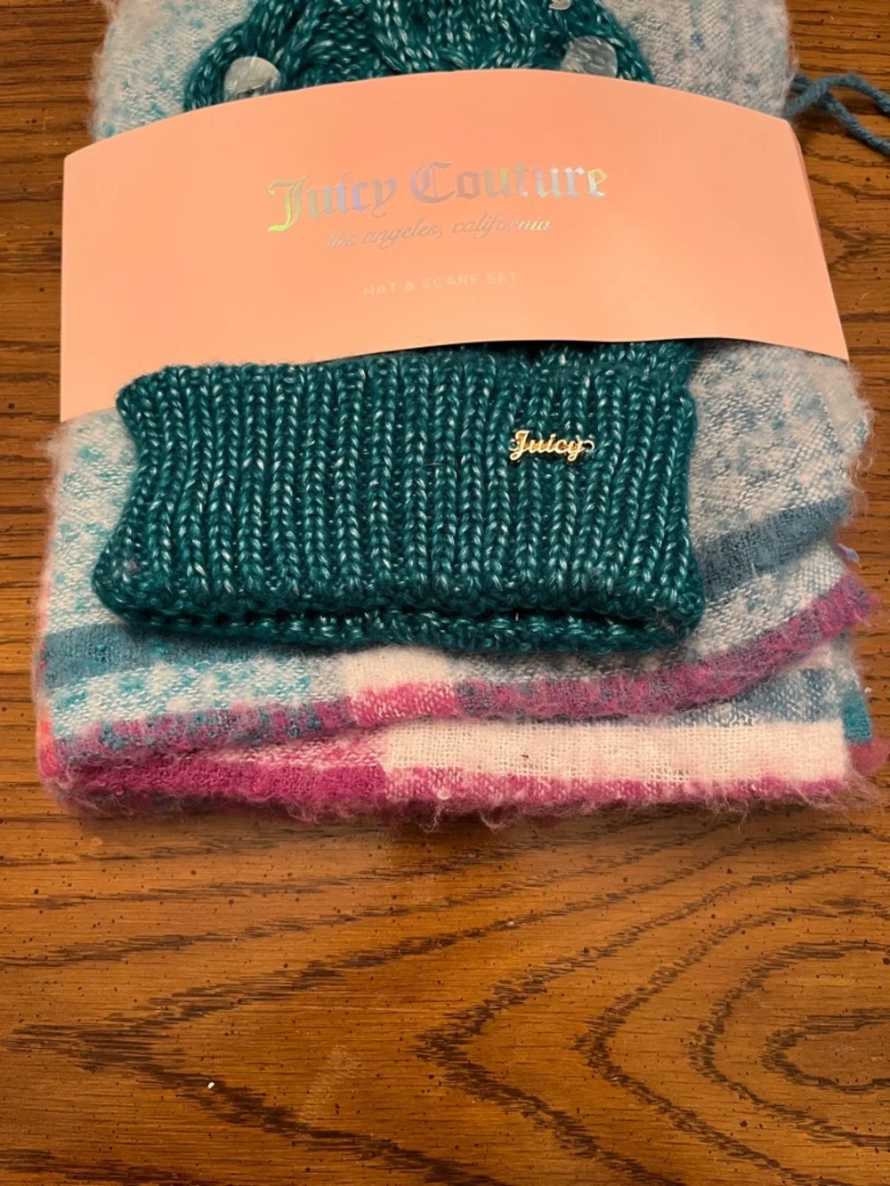 Juicy Couture Teal Knit Pom‎ Hat with Pastel Multicolor Scarf, new